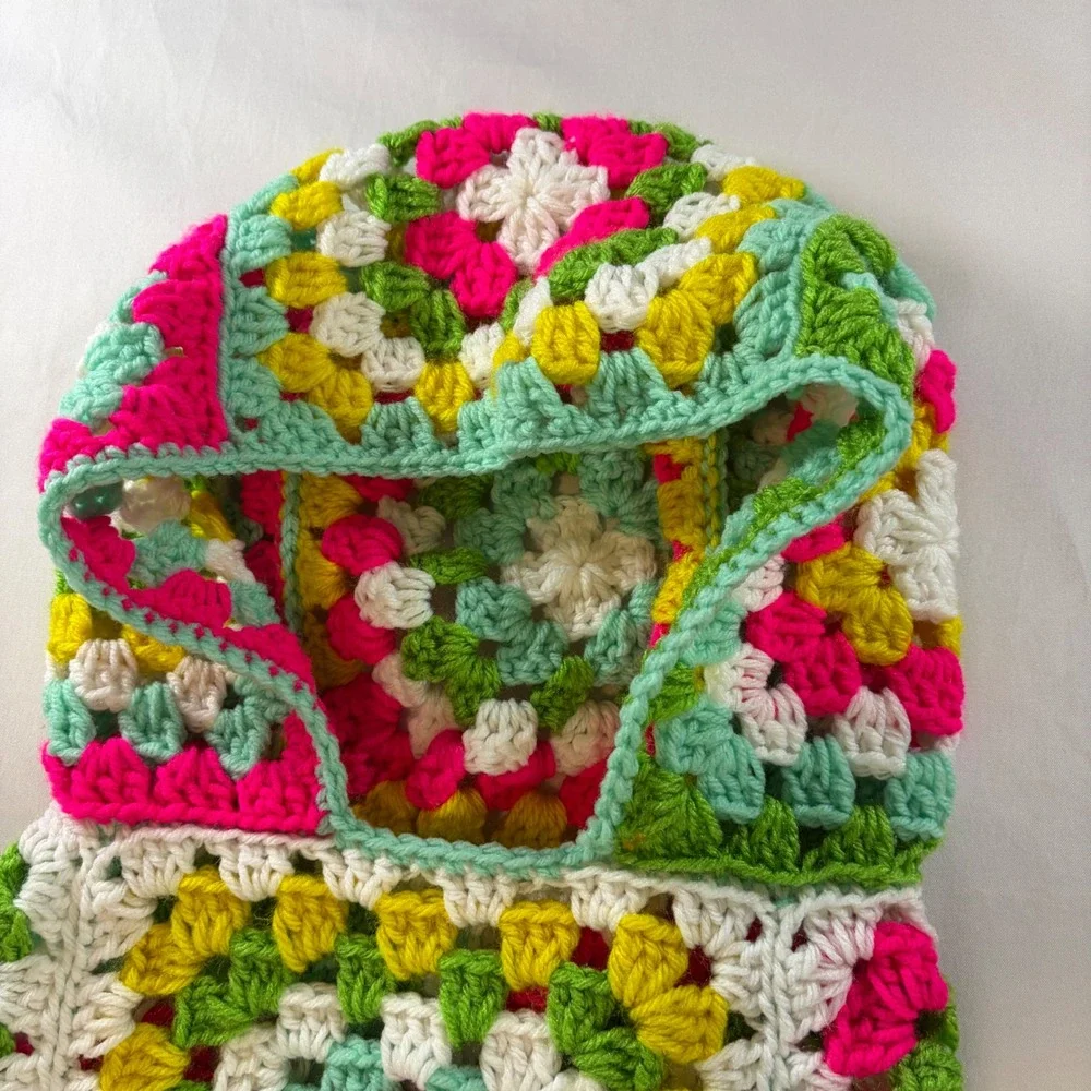 Handmade Crochet Granny Square Balaclava Hood Neck Warmer Multi-Color Boho